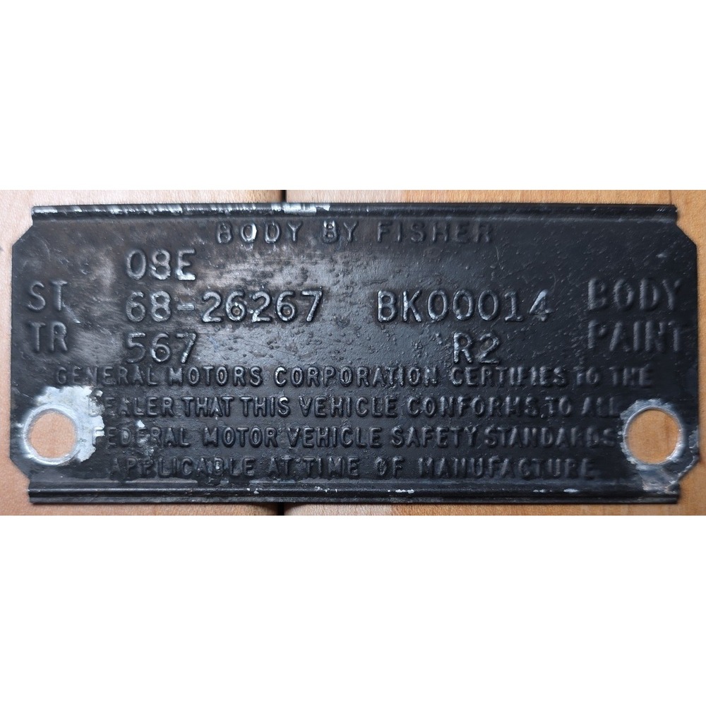 1968 Pontiac Bonneville Convertible Fisher Body Data Plate Tag